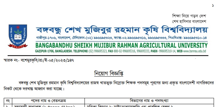 Bangabandhu Sheikh Mujibur Rahman Agricultural University Job Circular 2024