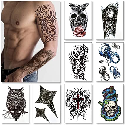 Temporary Tattoos for Men Guys & Teens Fake Tattoo Stickers (8 Large Sheets) Tattoos for Boys Biker Tattoos Rocker Transfers for Arms Shoulders Chest & Back