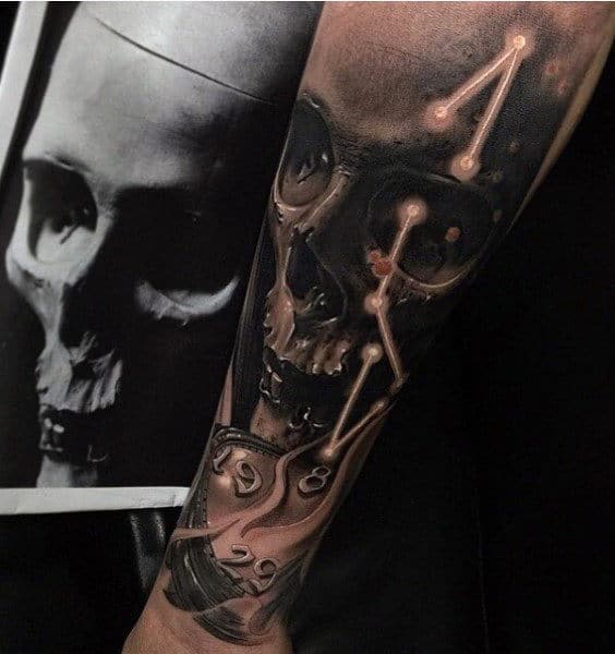Skull Old Clock Tattoo For Men