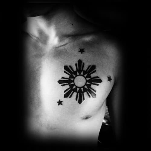 Black Ink Chest Filipino Sun Mens Tattoo Ideas