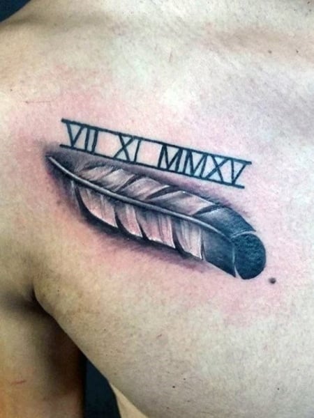Roman Numerals And Feather Tattoo