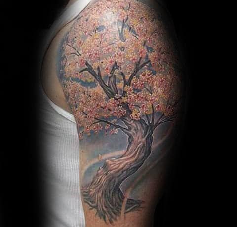 Realistic Cherry Blossom Mens Upper Arm Tree Tattoos