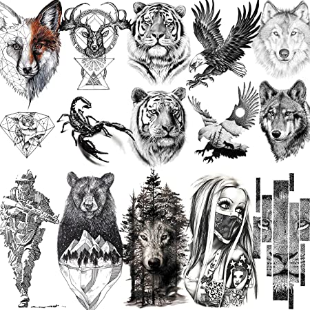 VANTATY 10 Sheets Realistic Tiger Temporary Tattoos Animals For Men Body Armband Soldier Fake Tatoo Stickers For Women Scorpion Wolf
