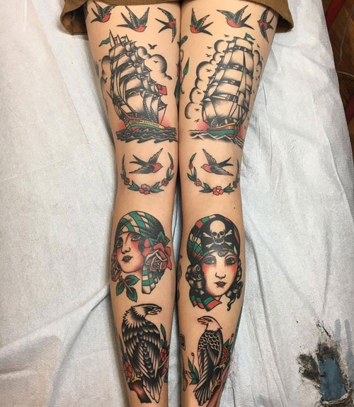 American Traditional Leg Tattoo Design