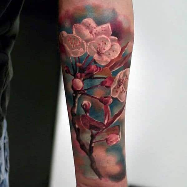 Realistic 3d Cherry Blossom Tree With Flowers Tattoo For Men
