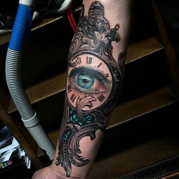 Beautiful Turquoise Eye In Ancient Clock Tattoo Guys Forearms