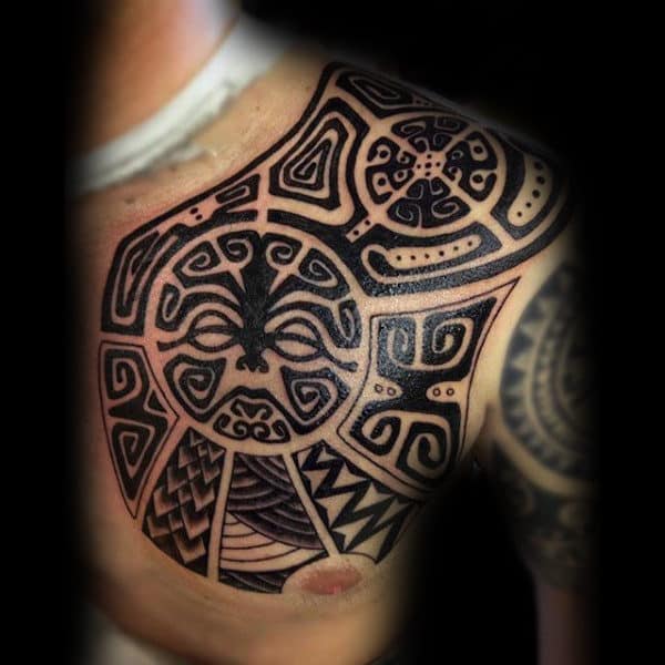Maori Male Tribal Sun Chest Tattoos