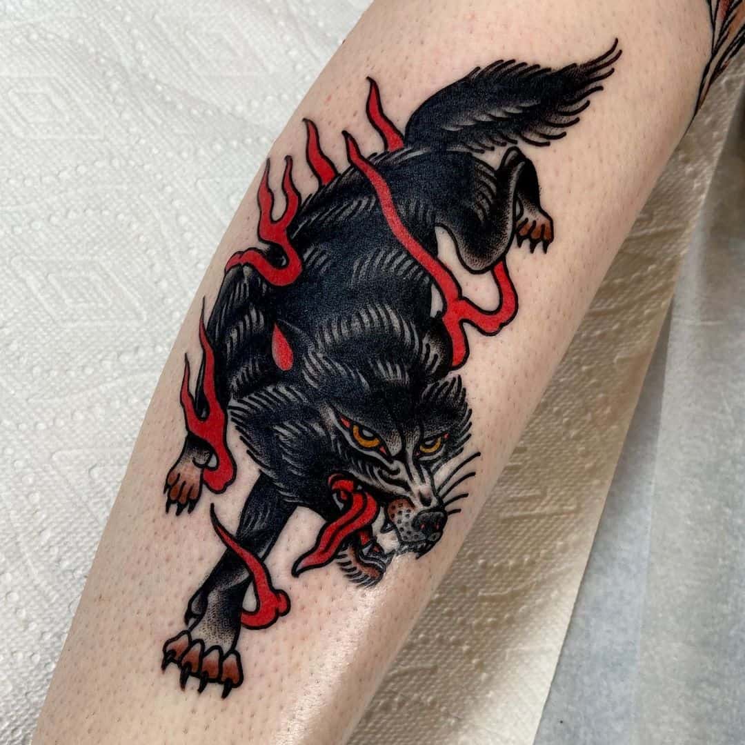 Traditional wolf tattoo