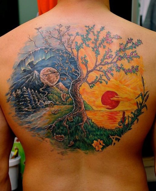 Mens Yin Yang Sunset And Night Sky Tree Back Tattoos