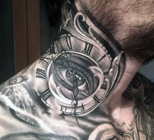 Male Exploding Clock Tattoo On Neck