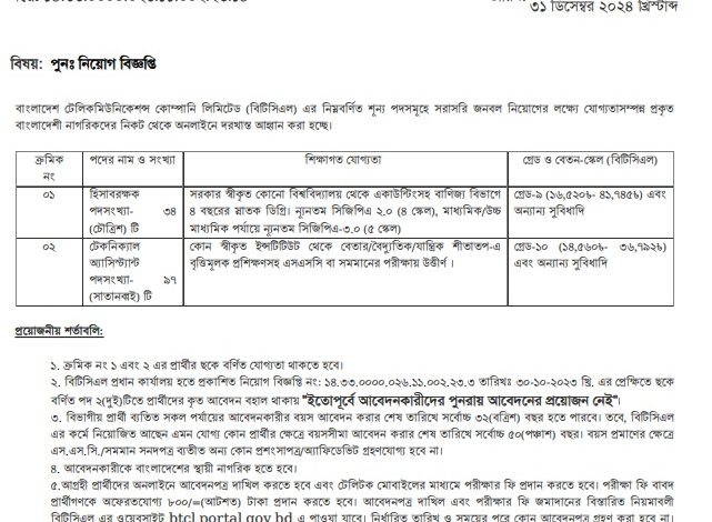 Bangladesh Telecommunications Company Limited (BTCL) Job Circular 2025